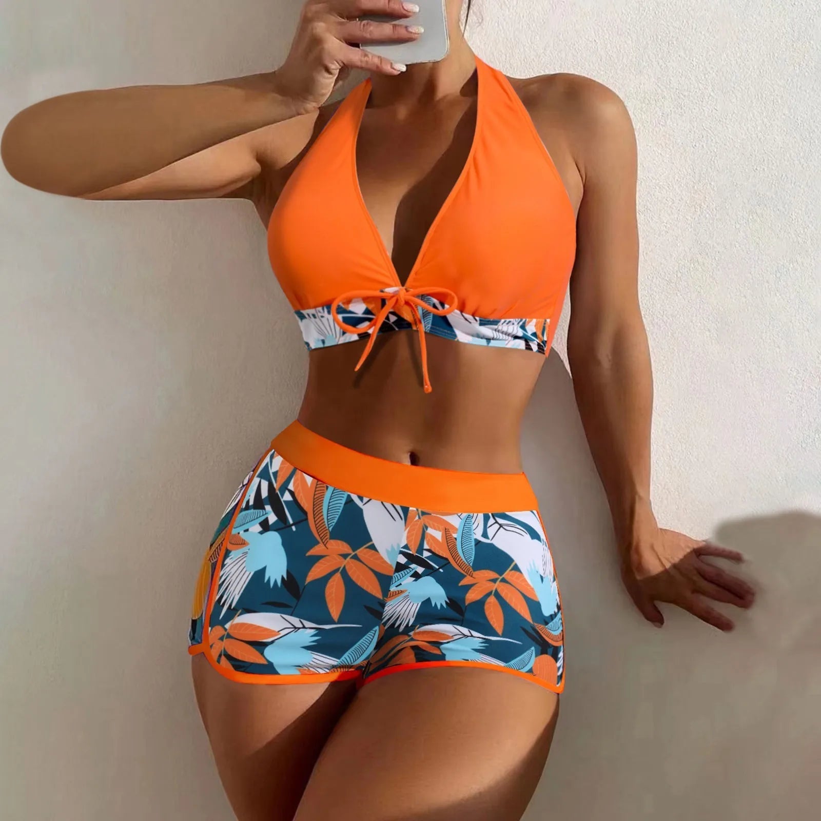 Women's Paneled Printed Swimsuit Ladies Fashion Sexy Split Boxer High Waist Swimsuit Two-Piece Set V-Neck Bathing Suits Female Qme Orange XL