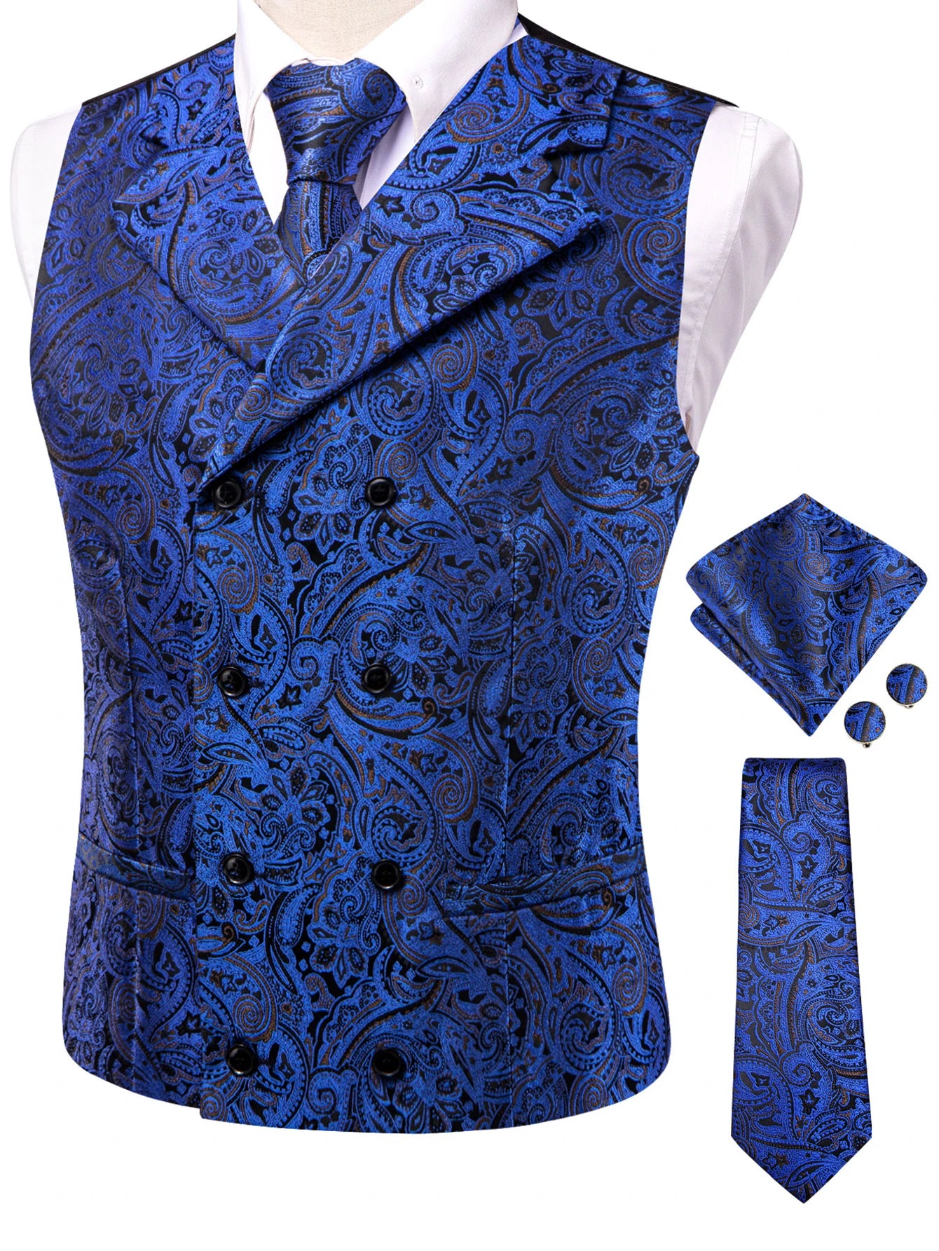 Men's Golden Paisley Vest Tie Hanky Cufflinks Luxury Tops Weddings Qme HT-MJ-0172 M