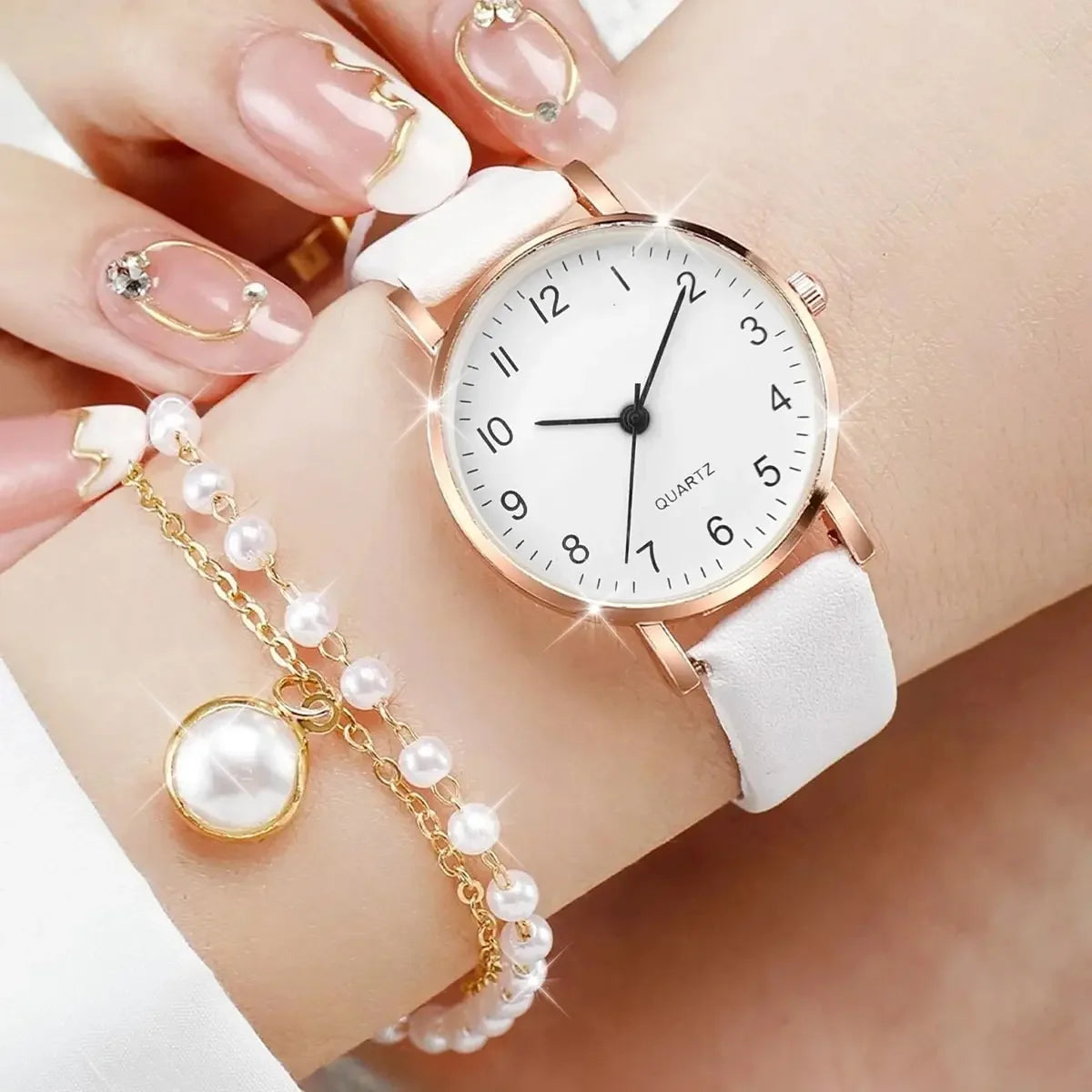 Women Rose Gold Pearl Jewelry Watch Set White Leather Quartz Wrist Watch Necklace Earrings Bracelet Ladies Elegant Gift Qme