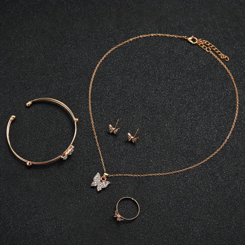 6 Pçs/set Moda Coração Relógio Feminino Banda de Plástico Analógico Relógios de Quartzo Dourado Conjunto de Jóias Borboleta Qme