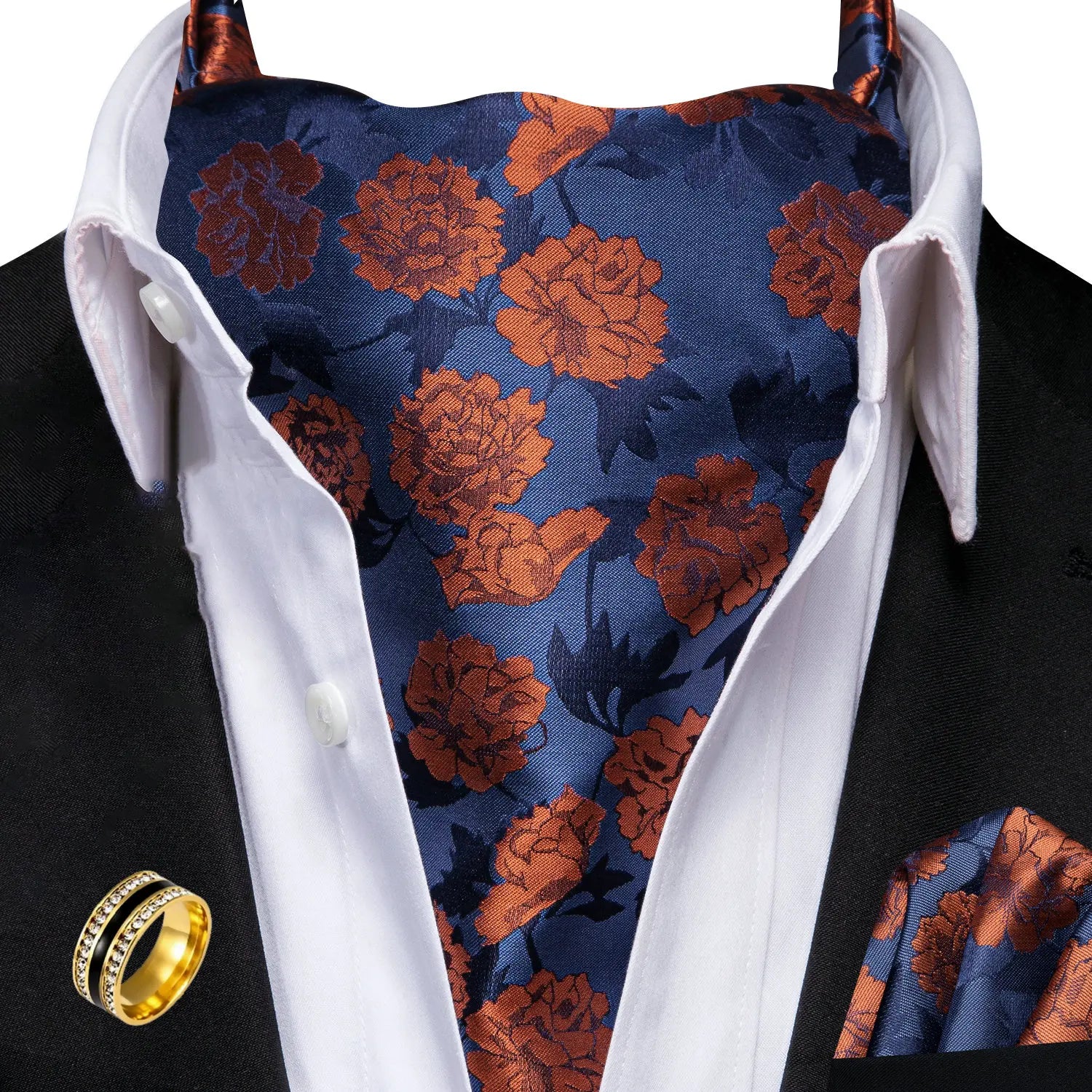 Ascot Tie Set, Classic Cravat with Pocket Square & Decorative Ring, Fashion Men's Neck Accessories Wedding silk Party Daily Wear Qme AS-1165-JZ0020