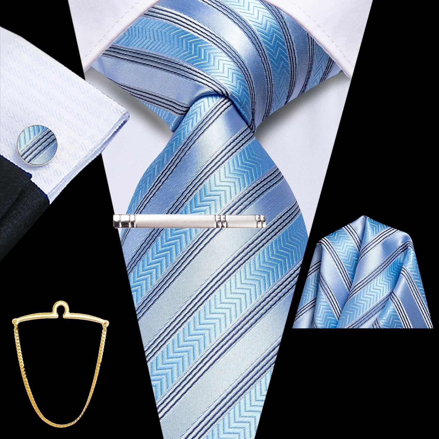 Hi-Tie Men's Smart Business Tie Set 5 Pcs - Striped Tie, Handkerchief, Cufflinks, Lapel Clip, Chain Qme QQ-N-3852