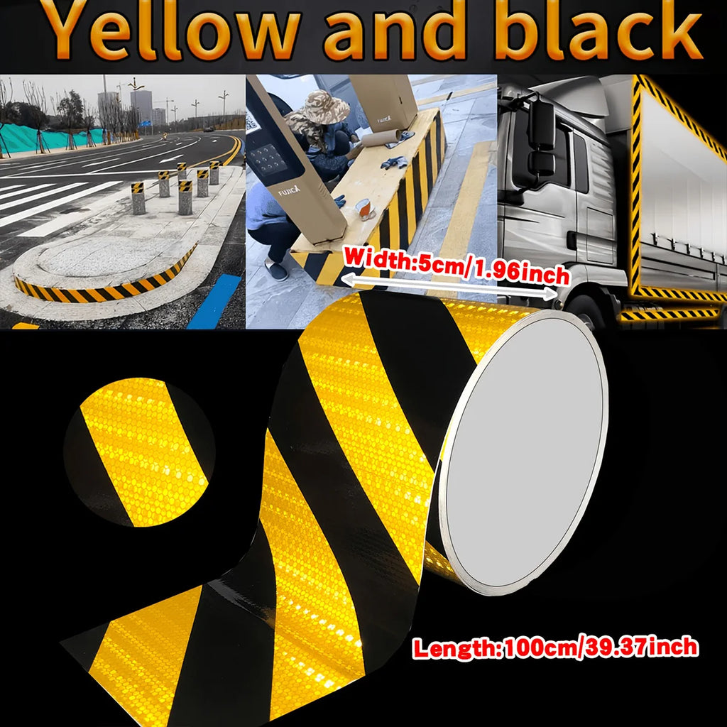 Reflective Safety Warning Tape Self-Adhesive Waterproof Diagonal Night Safety Anti-Collision Strip Trucks Trailers Bicycle Qme Black and Yellow 1m 15cm