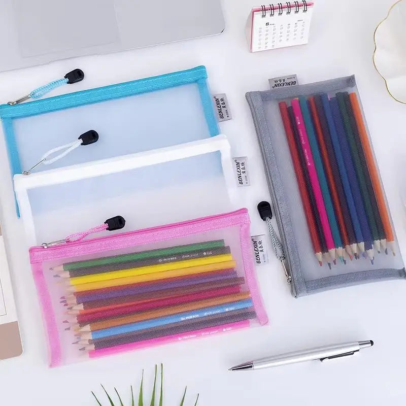 Mesh Pencil Pouches Transparent Design Durable Zip School Office Exam Qme