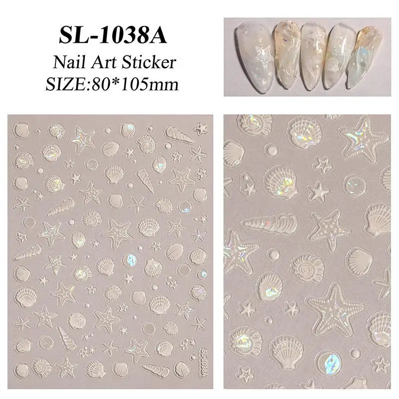 5D Embossed Nail Art Stickers Seashell Starfish Ocean Design Qme A2