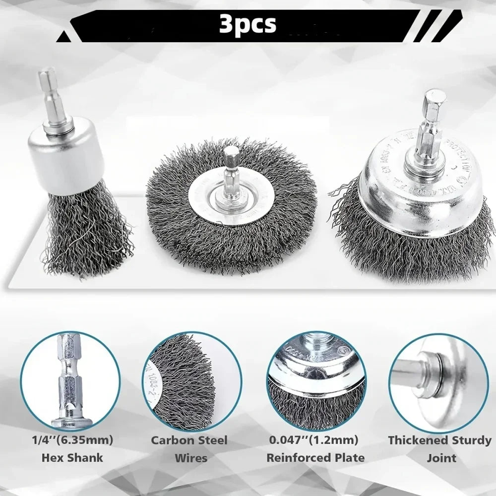 9pcs/3pcs Wire Brush Wheel Cup Brush Set Black Silk 6.35mm Hexagonal Rod Brush for Grinder Abrasive Tool Rust Removal Polishing Qme