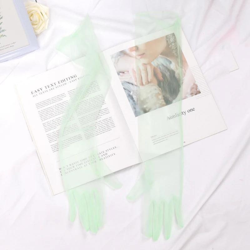 Fashion Long Sheer Tulle Gloves Ultra Thin Stretchy Full Finger Qme light green 55cm