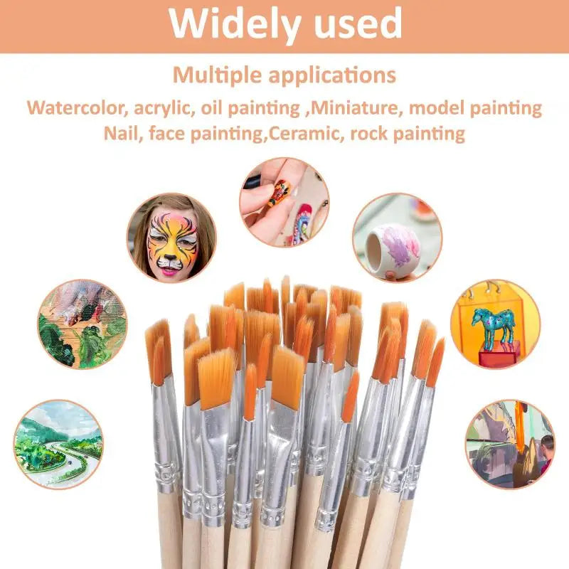 20 50 Wood Handle Painting Brushes Art Round Flat Hair Nylon Paint Qme