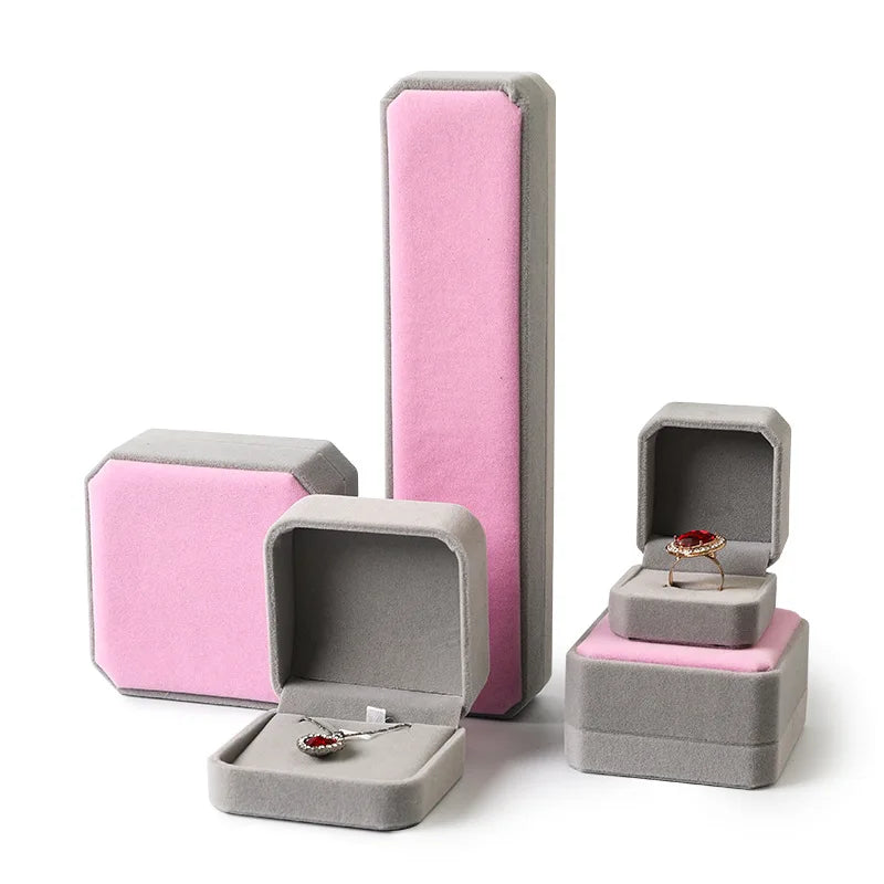 Velvet Jewelry Box - Storage Case for Rings Necklaces Bracelets Ring Box Gift Box Earring Holder Gift Box Necklace Organizer Qme PinkGrey PendaBox10X7