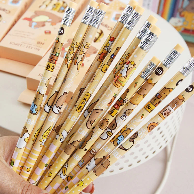 12-Pack Fun Capybara Cartoon Pencils Erasers Kawaii Stationery Office Qme