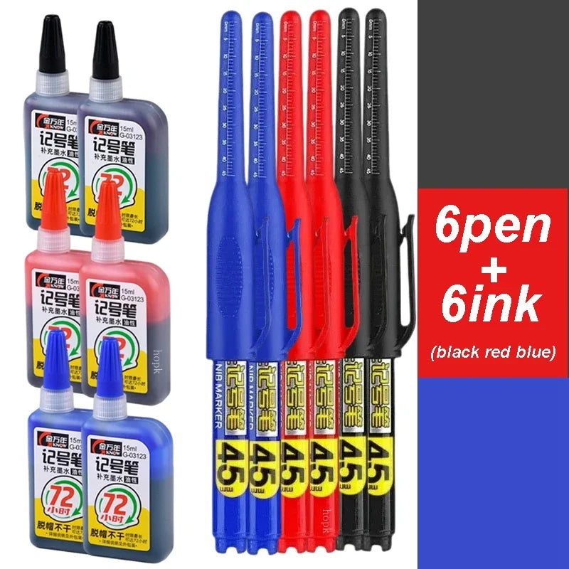 45mm Waterproof Long Head Nib Deep Hole Markers Pen Tile Carpenter Pen Multi-purpose for Woodworking Black/White/Red Ink Qme 6 pens 6 inks mix-A