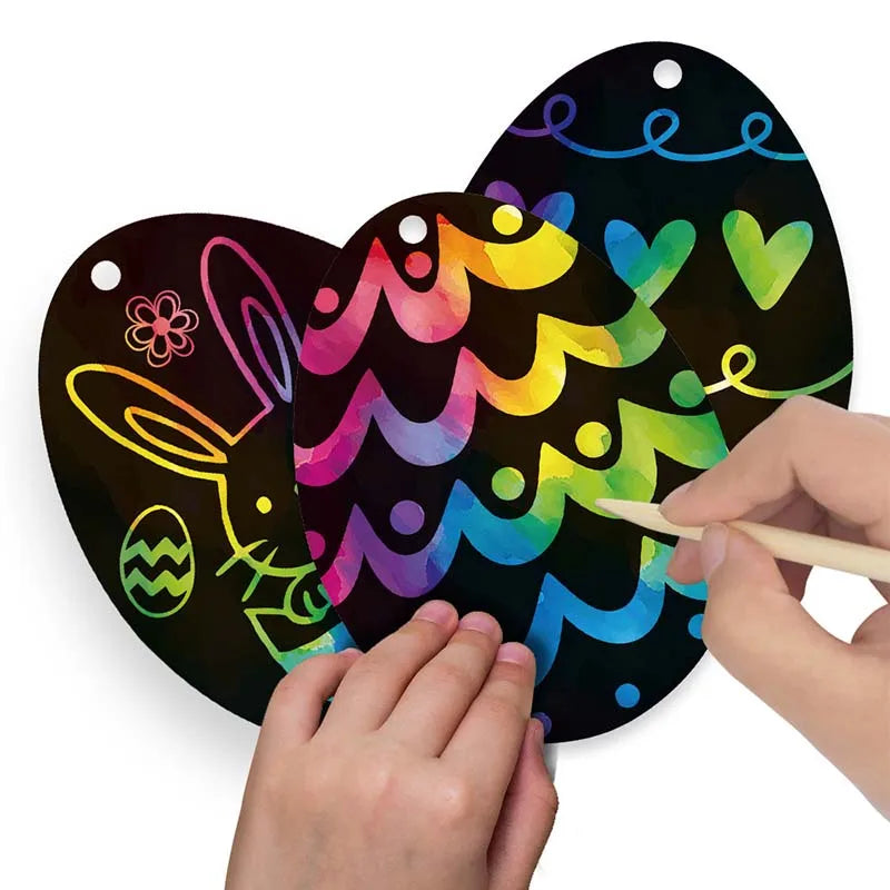 24pcs Creative Children Scratching Easter Egg Hanging Art Decorations Colorful Bunny Painting Drawing DIY Toys Easter Gift c3602 Qme