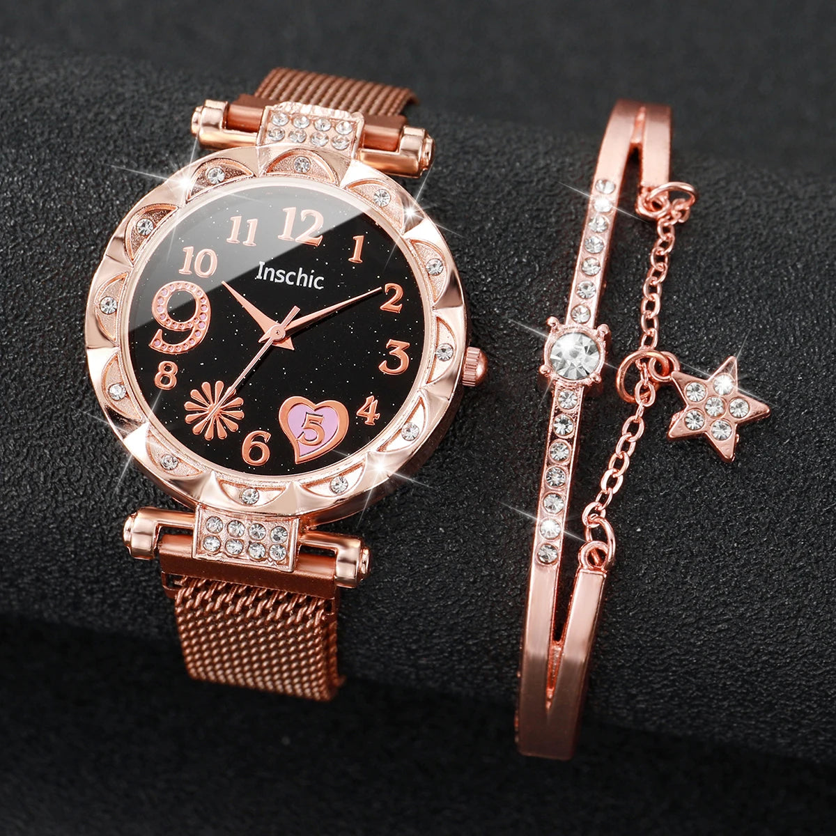 2 pçs/set moda flor dial relógio feminino ímã fivela malha banda relógios de quartzo estrela pulseira conjunto (sem caixa) Qme Fireworks style