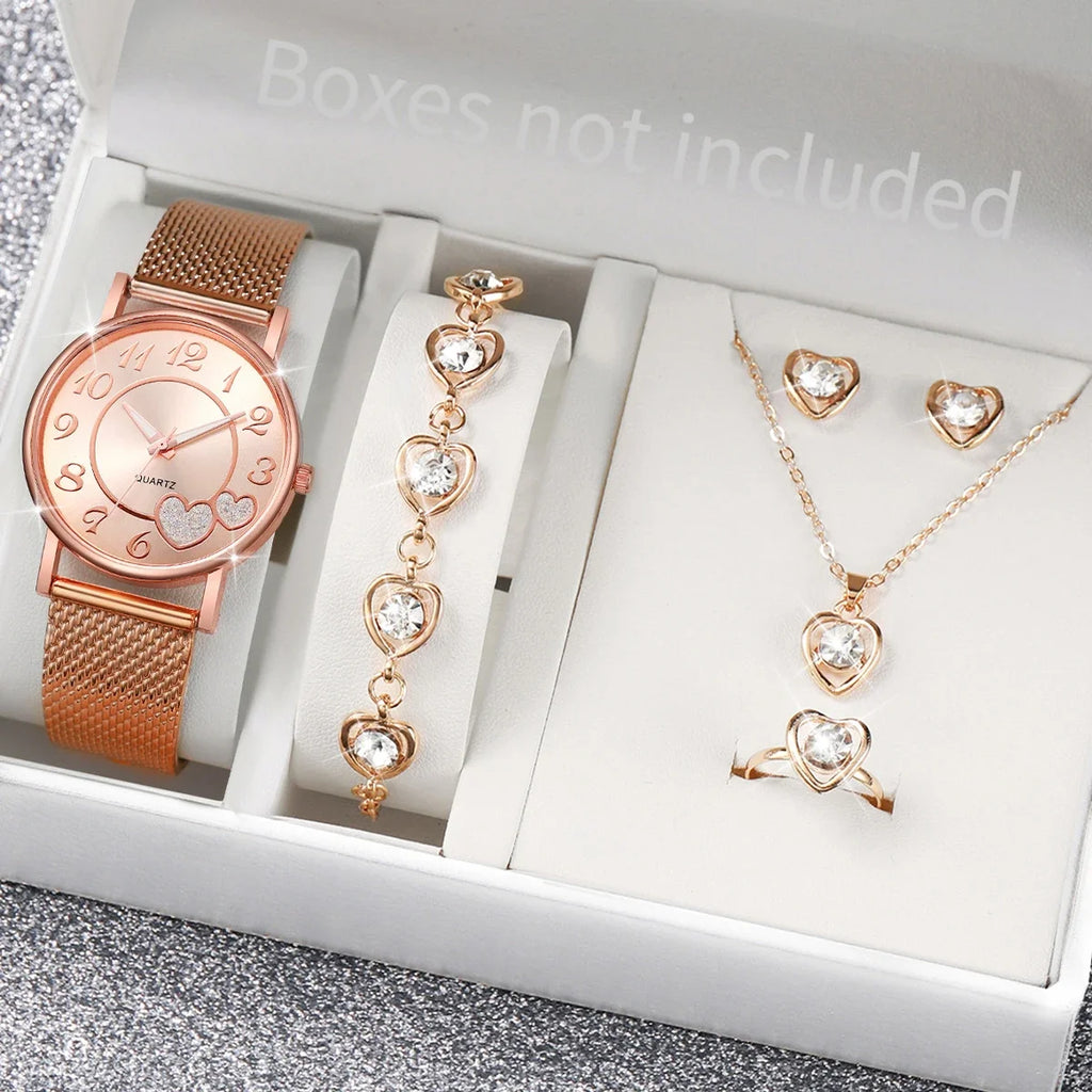Fake mesh quartz watch for women, casual and fashionable, heart-shaped, male and female students, high-end sense watch Qme rose