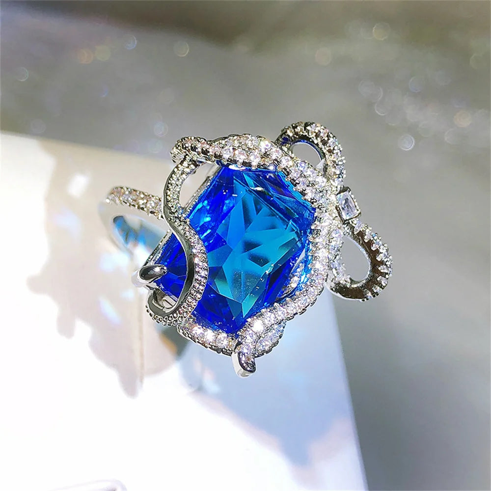 Classic Temperament Shining Pink Sapphire Zircon Open Ring Fashionable Women's Engagement Banquet Jewelry Gift Qme Imitation Rhodium Plated Blue