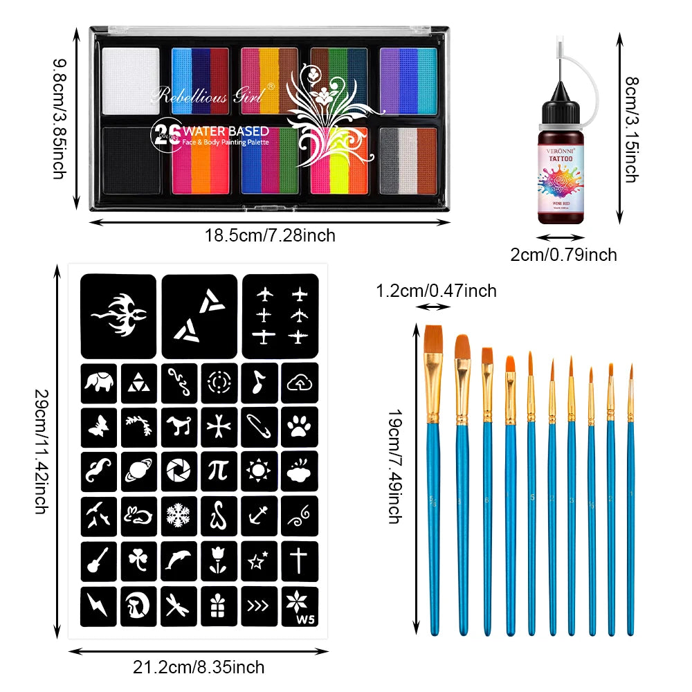 26 Colors Face Body Paint Palette 9 Painting Brushes 3 Sheets Qme set