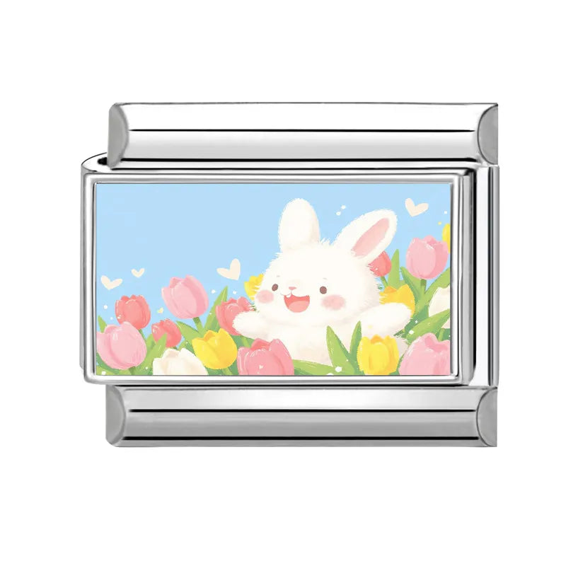 Y2K Pink Design Lovely Rabbits Tulip Flowers Strawberry Italian Charm