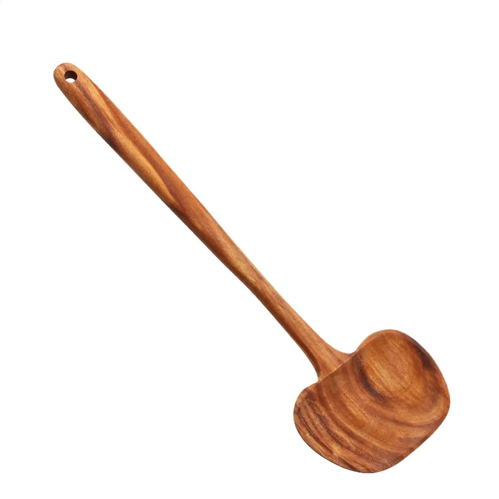 Wooden Ladle 2-in-1 Long Handle Ergonomic Non-Stick Kitchen Soup Spoon for Non-Stick Pan Cooking Pot Kitchen Restaurant Mixing Qme CN