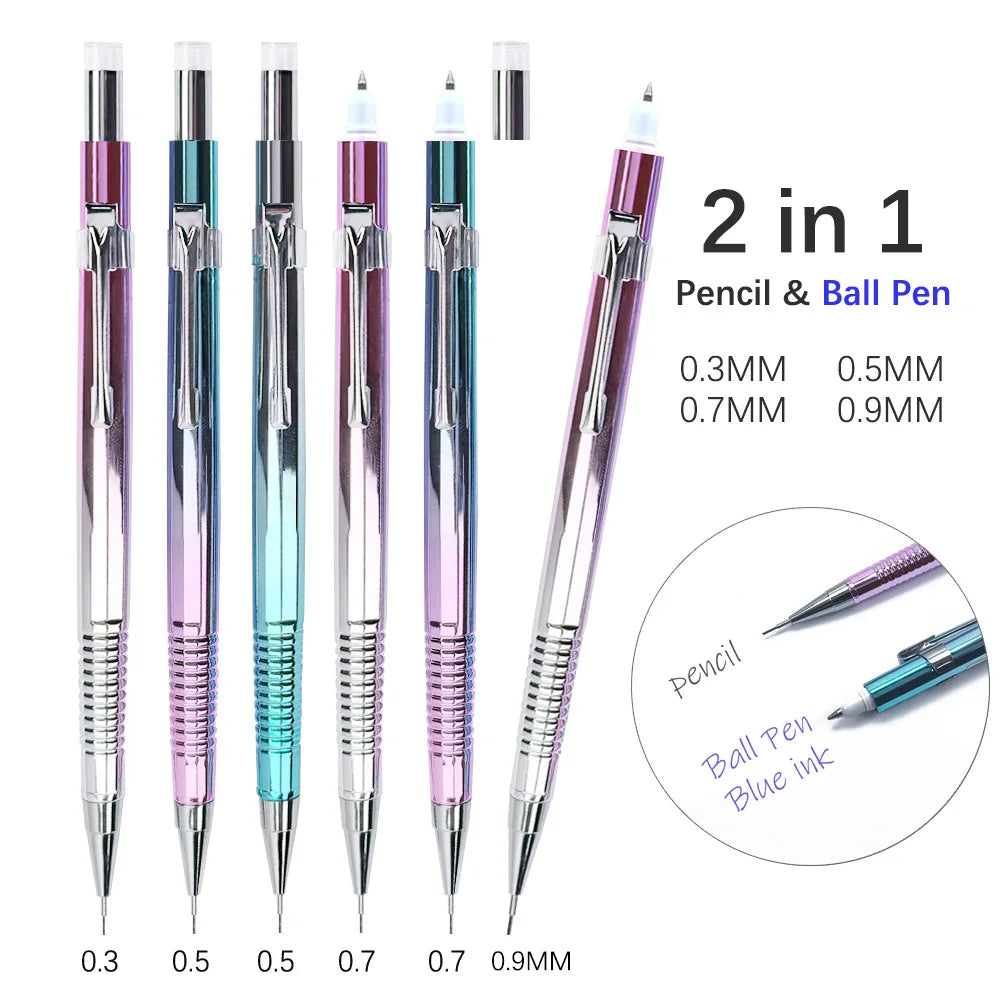 2-in-1 Double Tips Ballpoint Pen And Mechanical Pencils 0.3/0.5/0.7/0.9mm,1 Refills,1 Eraser,for Artist Drawing, Sketching Qme