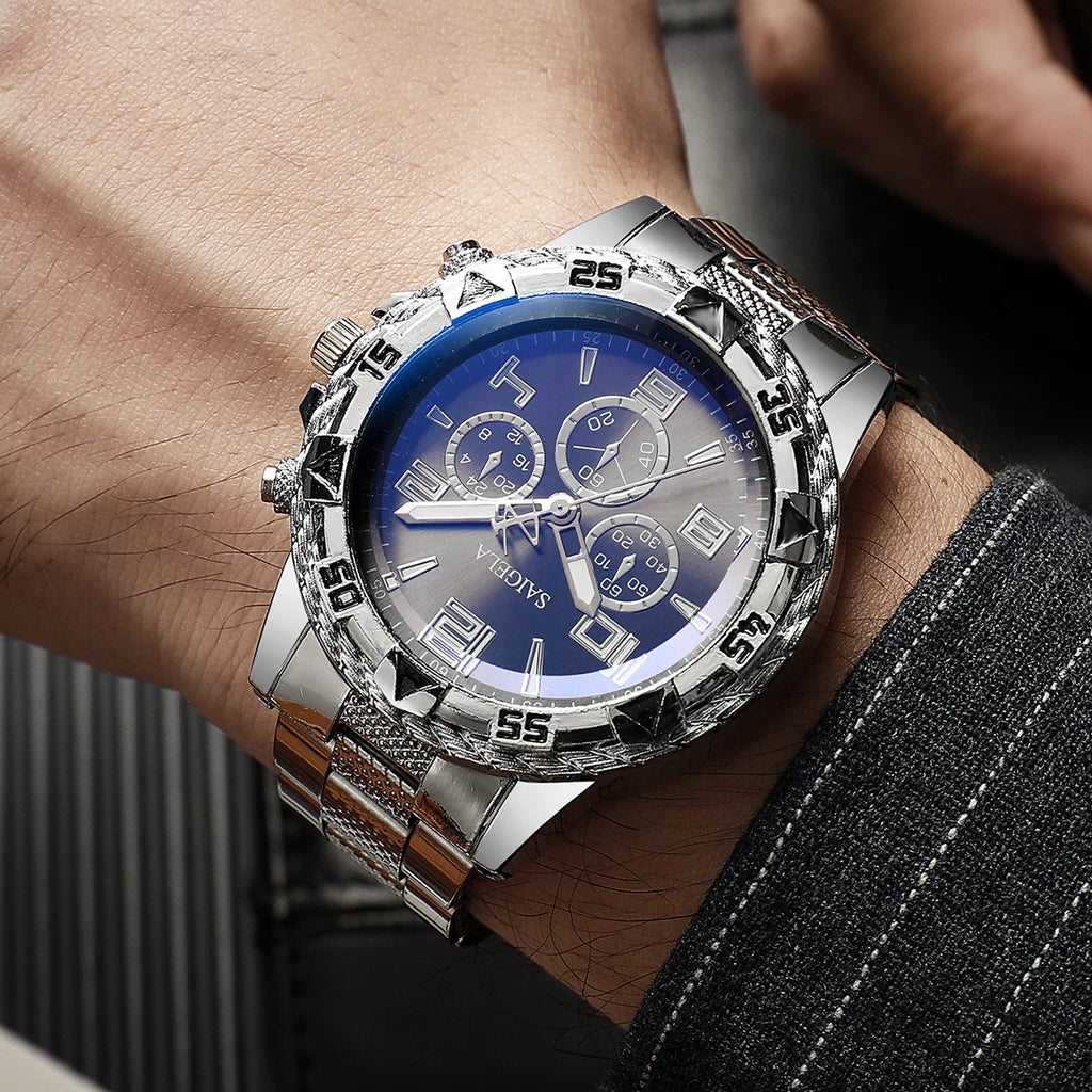 3PCS Blue light iridescent glass men's watch with steel strap, quartz watch, digital scale, fake three eyed watch Qme