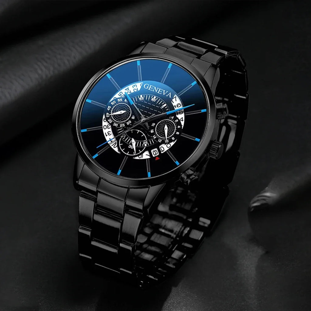 Relógio de quartzo com pulseira de aço masculino conjunto de joias pretas sem caixa, business, 4 pçs/set Qme