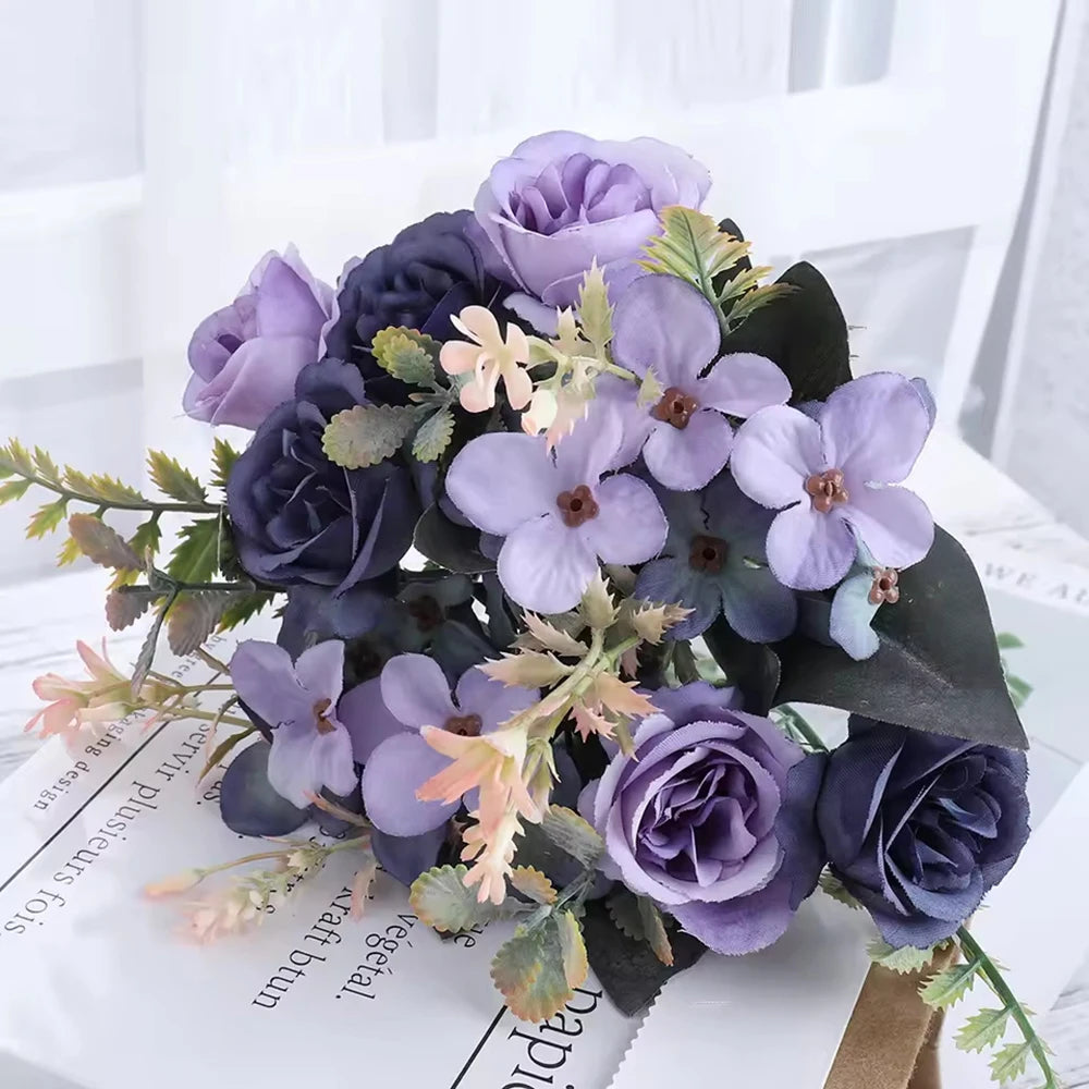Home Decor Roses Autumn Artificial Flowers Silk Peony Hydrangea Big Bride Bouquet Wedding Home Party DIY Decoration Fake Flowers Qme Deep Purple