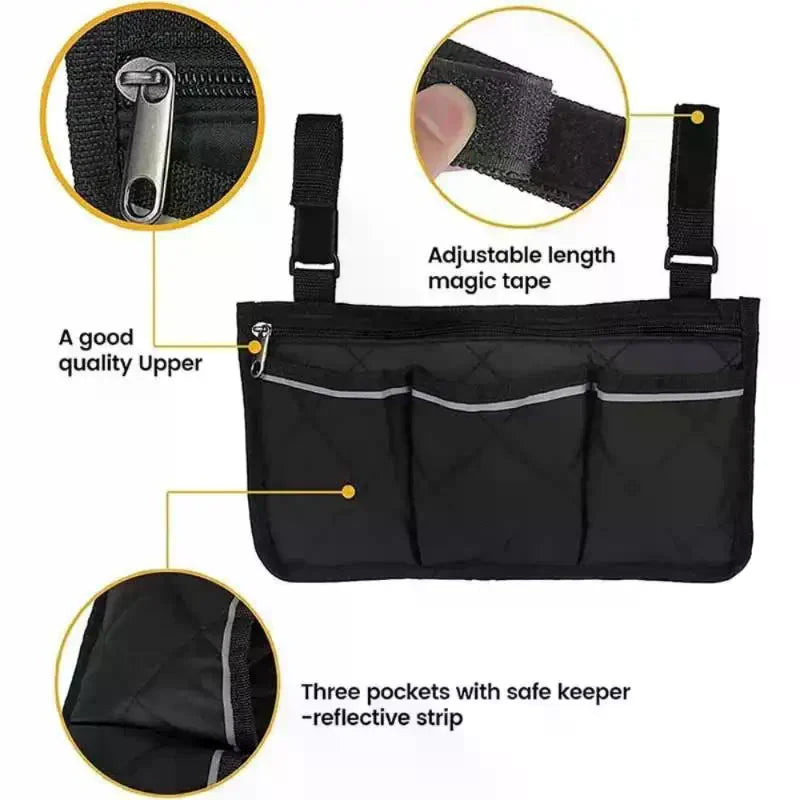 5 Colors Armrest Storage Bag for Wheelchair, Multi-Pocket Side Organizer with Zipper, Stylish & Practical Qme