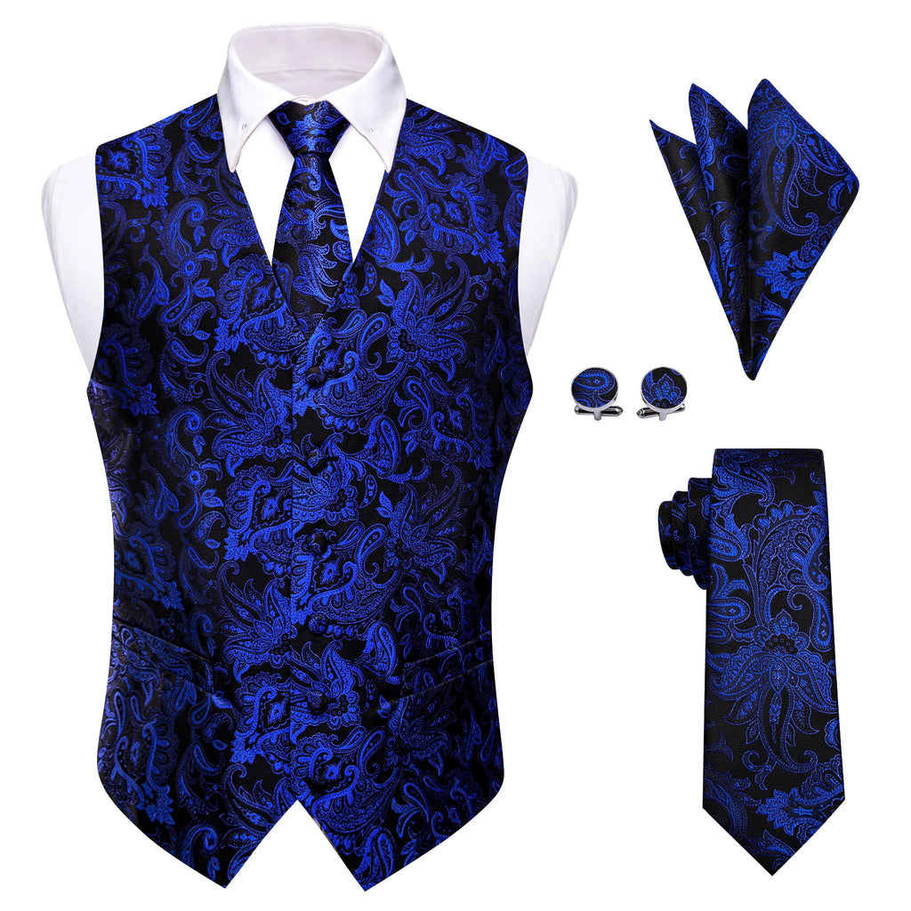 Mens Royal Blue Red Bronwn Orange Vest Tie Hanky Cufflinks Paisley Qme
