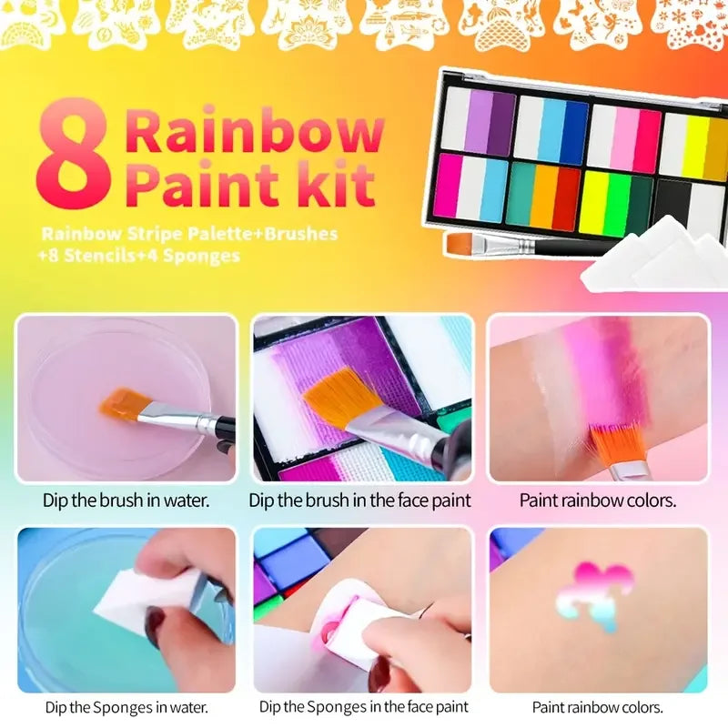 Palette Rainbow Stripe Paint Brushes Water Based Dual-tone Face Body Qme