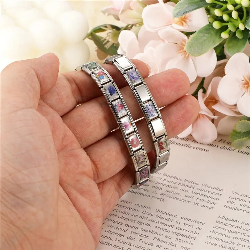 Fashion Women Men Y2k Colorful UV Heart Cat Sun Butterfly Italian Charm Link Fit 9mm Stainless Steel Bracelet DIY Making Jewelry Qme