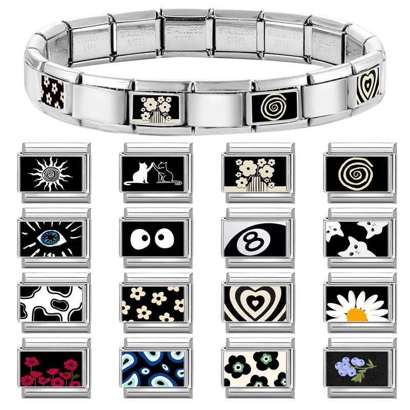 Fashion 2025 Cute White Cat Flowers Daisy Eyes Italian Links Charm Fit 9mm Stainless Steel Gift Modular Bracelet Jewelry Making Qme