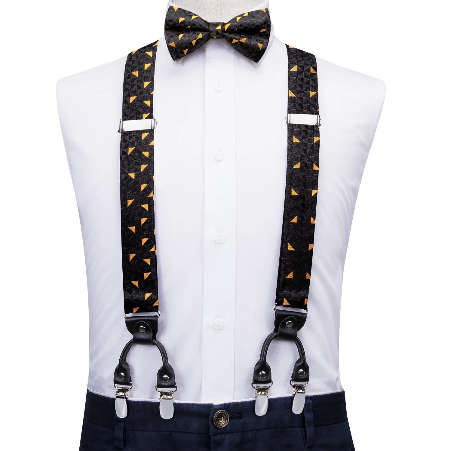 Silk Woven Mens Suspenders Bow Tie Hanky Cufflinks Strength 6 Clips