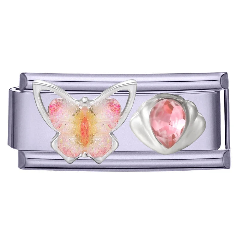 Fashion Purple Pink Butterfly Heart Crown Cherry Zircon Italian Charm