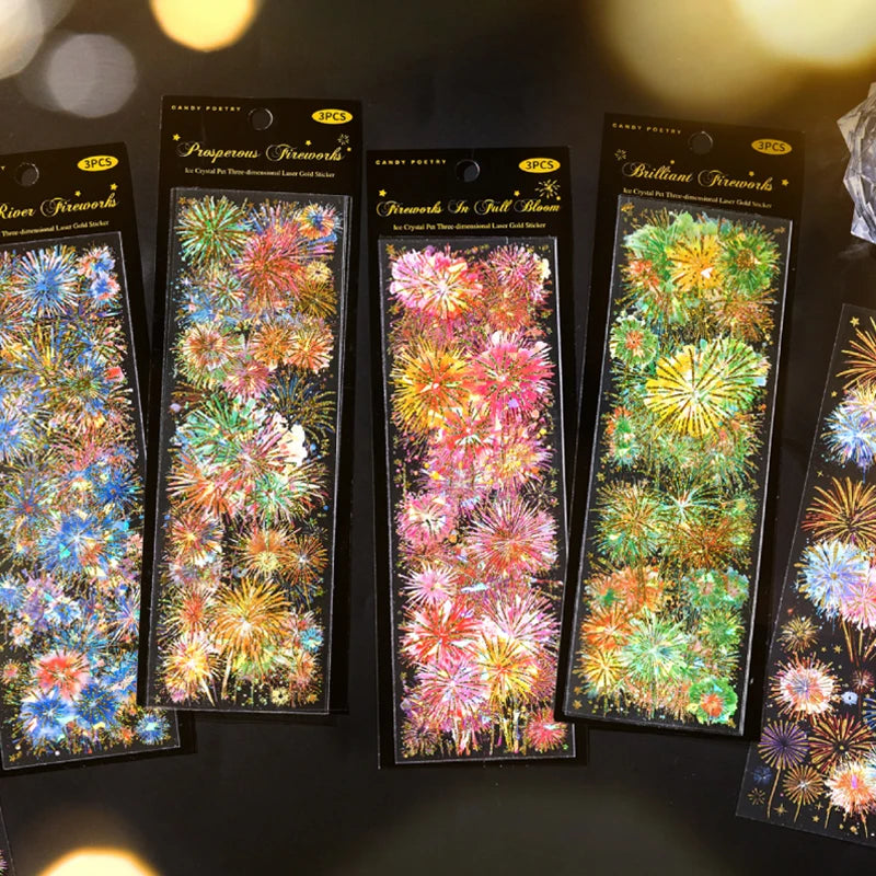 Sticker Pack 3 Sheets/Bag Dazzle Fireworks ThreeDimensional Laser Gold Flat Sheet PET Stickers Handbook Stationery DIY Decorate Qme
