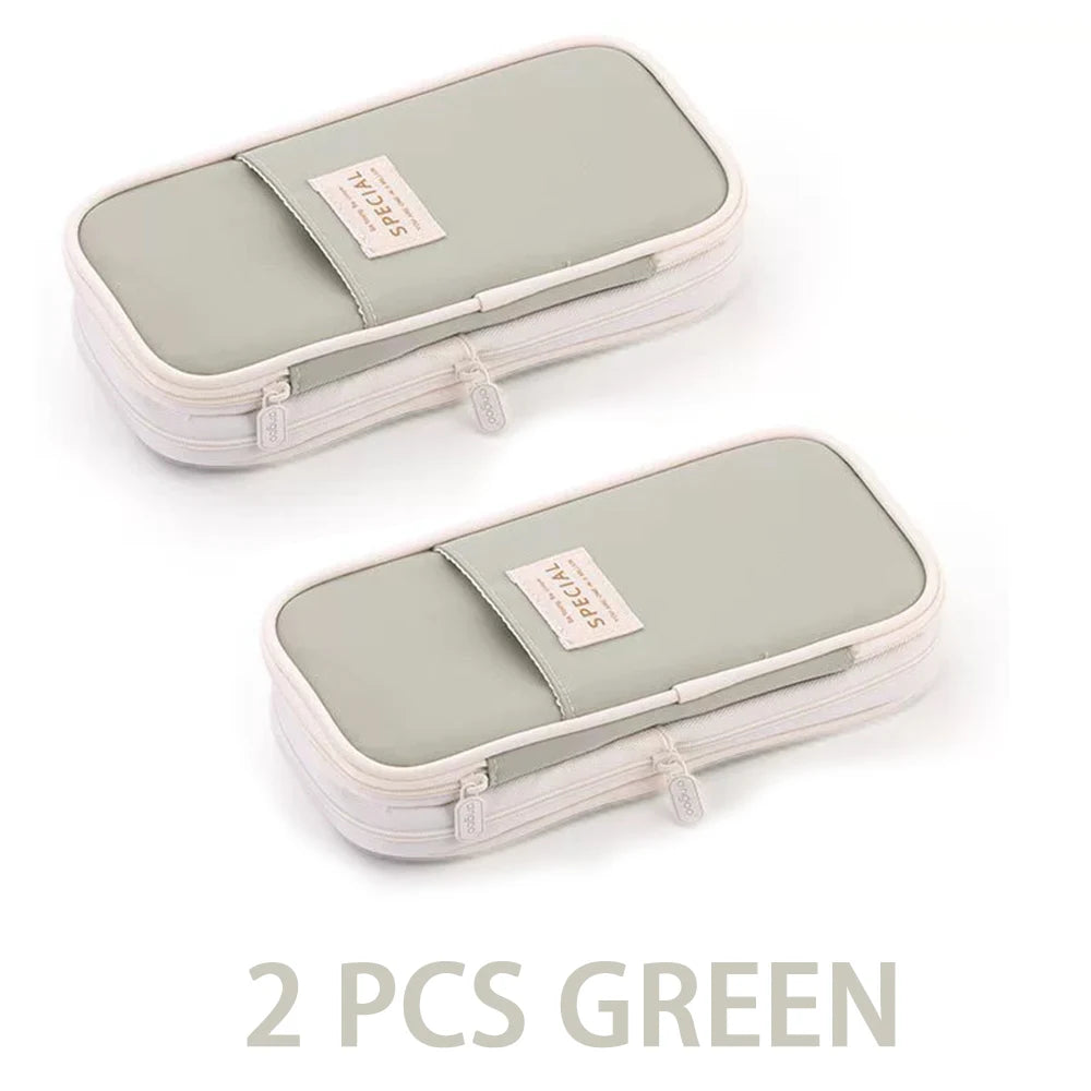 1/2 Piece Kawaii Pencil Case Double Layer Large Capacity Pencil Bag Storage for Office Stationery Storage Box School Supplies Qme 2 PCS GREEN