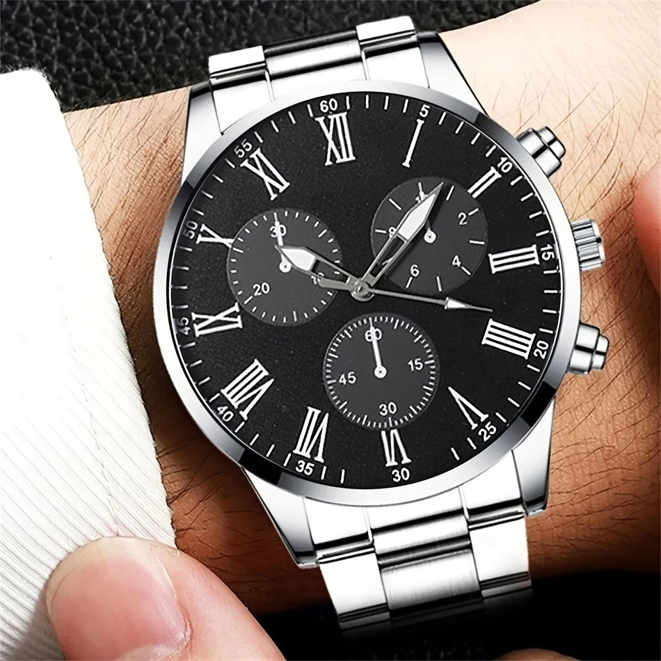 2 Pieces Fashion Men's Watch Quartz Simple Roma Dial Men's Business Watches Men's Watch (Without Box) Qme Silver