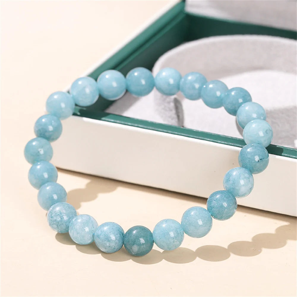 Natural Aquamarine Bead Bracelets Women Temperament Purple Chalcedony Charm Round Stone Elegant Healing Strand Bangles Wristband Qme