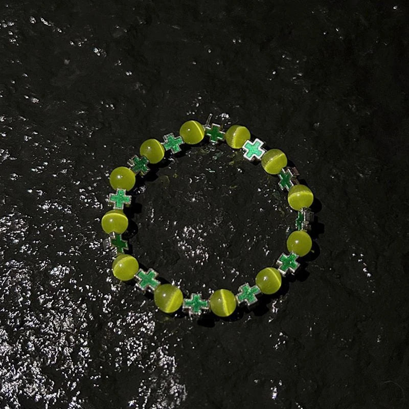 Fashion Cross Beaded Bracelets For Women Men Ins Style Cat's Eye Stone Couples Bracelets Qme