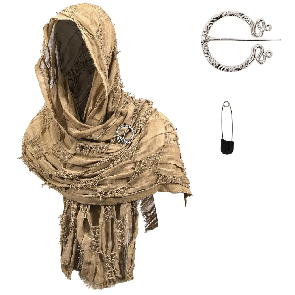 Adult Medieval Hooded Shawl Renaissance Cowl Hood Wasteland Desert Scarf Brooch Paperclip Viking Half Cape Dune Costume Qme