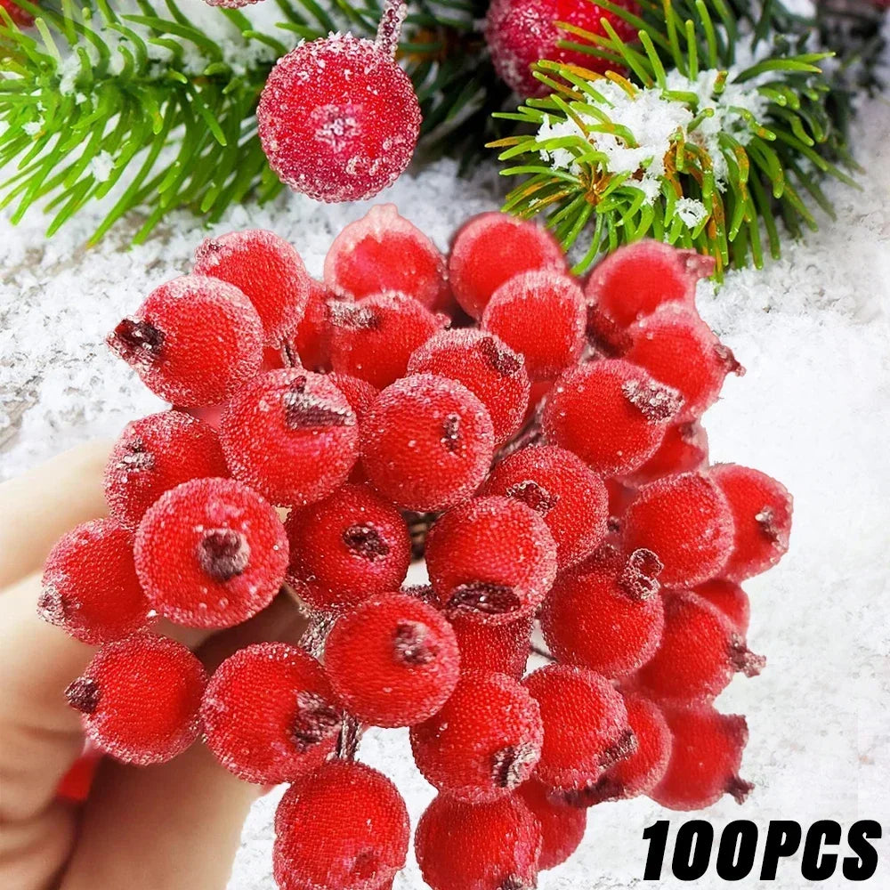 Artificial Frosted Holly Berries Mini Christmas Fake Fruit Berries Bouquet Stamen for DIY Wreath Xmas Party Home Decoration Qme