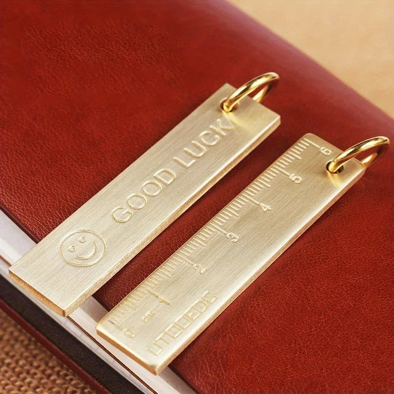 1pc Thickened Miniature 2.36inch Pure Brass Metal Ruler With Keychain And Number Plate Pendant Happy Face Design Qme