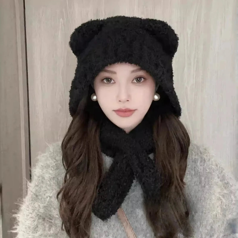 Versatile Knitted Warm Neck Scarf Integrated Bear Ear Protection Hat Qme