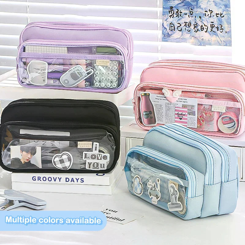 Chic Solid Pencil Case Korean Simplicity Transparent Pen Pouch Large Qme