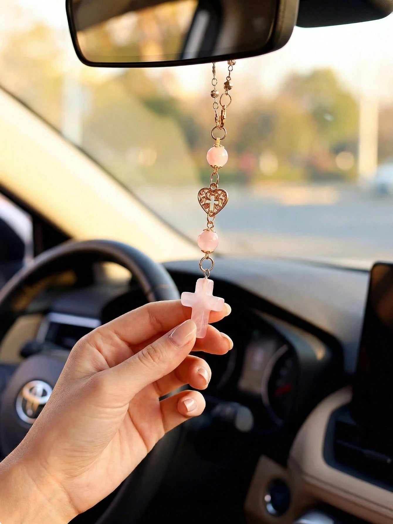 Natural Crystal Cross Car Rearview Mirror Decoration Heart-shaped Qme