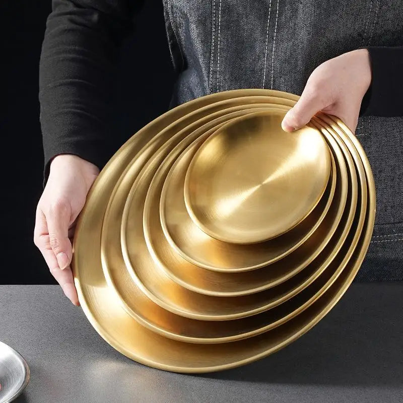Round Plate Shallow Tray Thickened Stainless Steel Disc Golden Cafe Qme