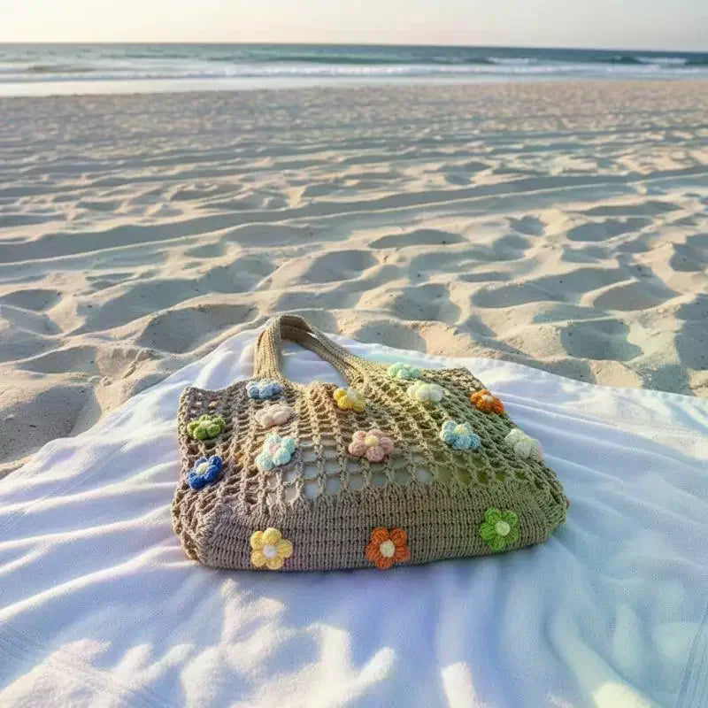 Women's Knitted Shoulder Bag Summer Flowers Handbag Ins Large Capacity Shopping Tote Bags Woven Hollow Mesh Beach Bags Qme