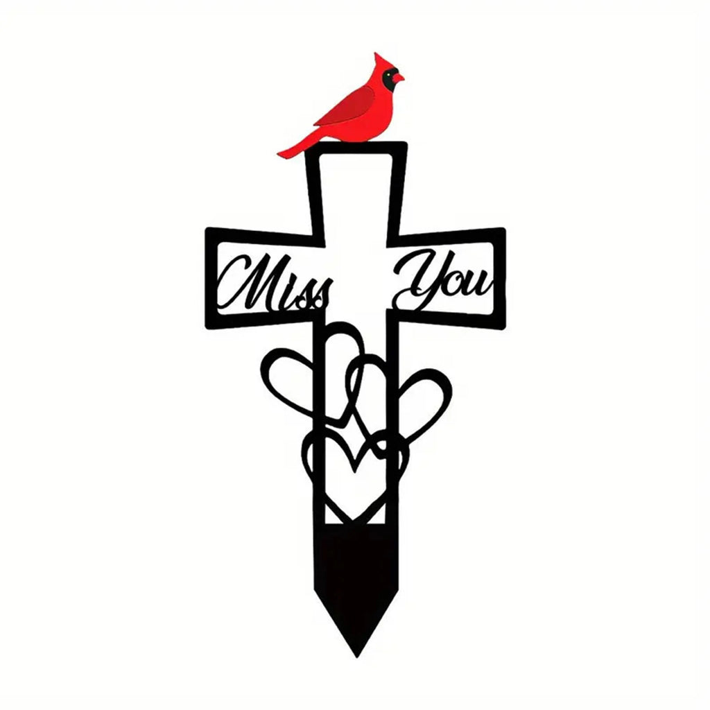 Metal Cemetery Memorial Plaque for Remembrance Red Bird Markers Cross Sign 5.87x11.82in Weatherproof for Easter Sympathy Gifts Qme black