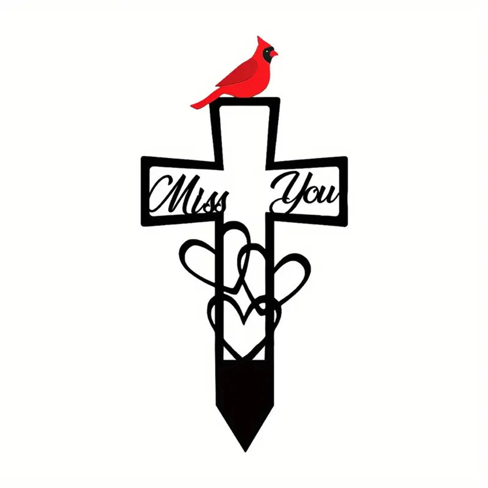 Metal Cemetery Memorial Plaque for Remembrance Red Bird Markers Cross Sign 5.87x11.82in Weatherproof for Easter Sympathy Gifts Qme black