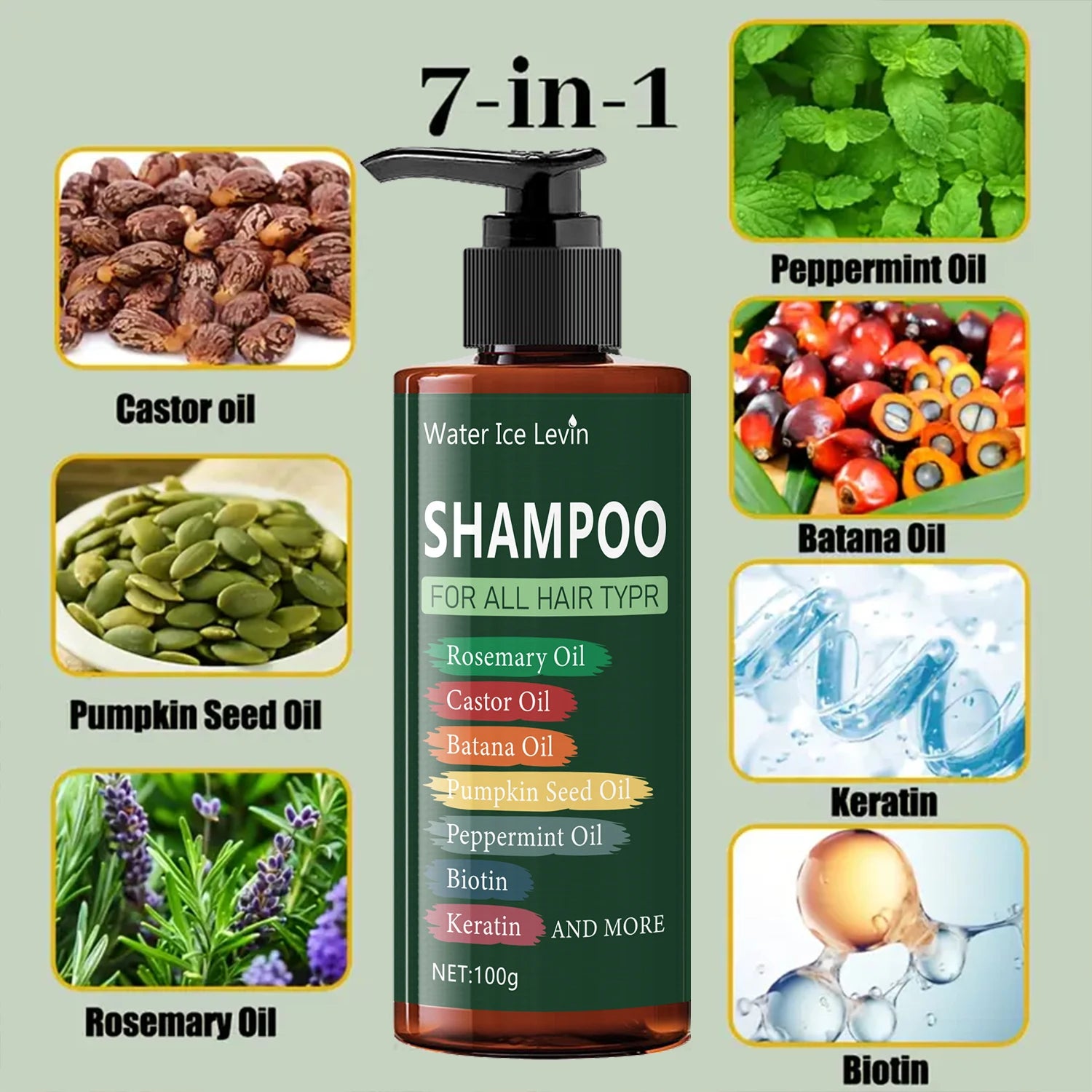 7in 1 Hair Shampoo - 250g 7 in 1 Shampoo - Cooling and Moisturizing for Damaged Hair, Split Ends, Anti-Breakage, Rich in Lavender, Rapeseed Oil, Peppermint Oil, Biotin, and Keratin Qme