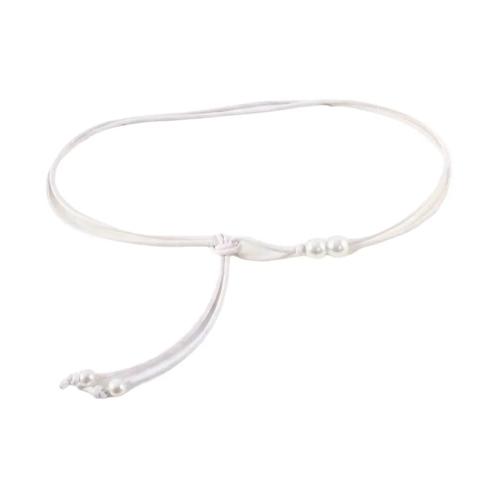 Retro Slim Rope Waist Chain Adjustable Bead Leather Waistband Chinese Qme White